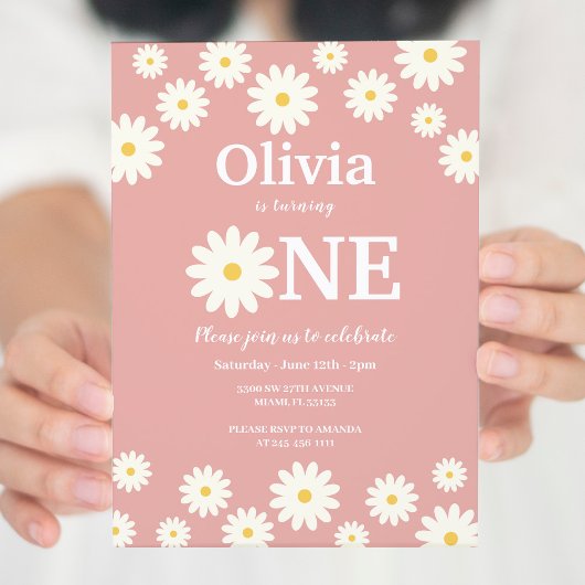 Boheemse Roze Daisy Bloemen 1e Verjaardagsfeest Kaart