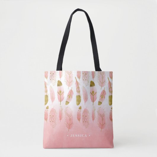 Boheemse roze en gouden veren ombre gepersonalisee tote bag (Voorkant)
