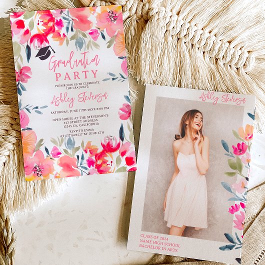 Boheemse roze waterverf bloemen afstuderen kaart