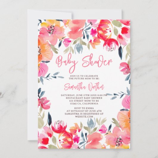 Boheemse roze waterverf bloemen baby shower kaart (Voorkant)