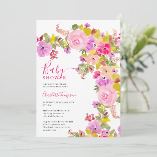 Boheemse roze wilde bloemen lente baby shower kaart (Staand voorkant)