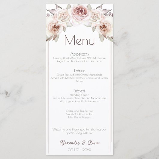 Boheemse Rozen Bruiloft Menu (Voorkant)