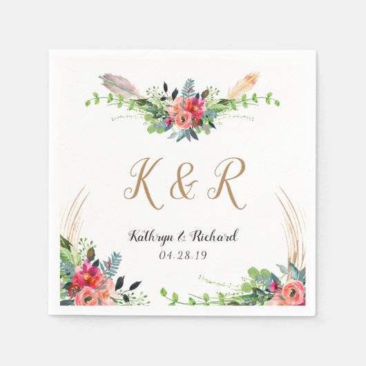 Boheemse Rustieke Bloemen Waterverf Monogram Huwel Servet (Voorkant)