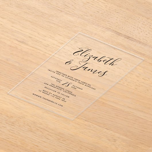 Boheemse scriptkalligrafie bruiloft acryl uitnodigingen (Laagn)