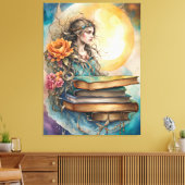 Boheemse stijl dame, maan, bloemen en boeken canvas afdruk (Insitu (Woonkamer))