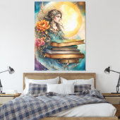 Boheemse stijl dame, maan, bloemen en boeken canvas afdruk (Insitu (Slaapkamer))