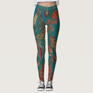 Boheemse stijl Emerald & Ruby Feather Print Leggings