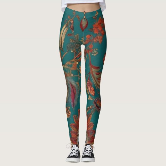 Boheemse stijl smaragd & robijn veerprint leggings (Voorkant)