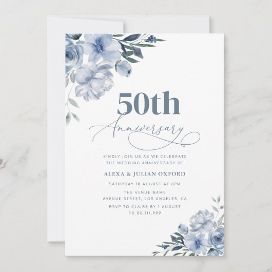 Boheemse stoffige blauwe bloemen bruiloft jubileum kaart (Voorkant)