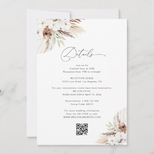 Boheemse terracotta pampas gras bruiloft kaart (Achterkant)