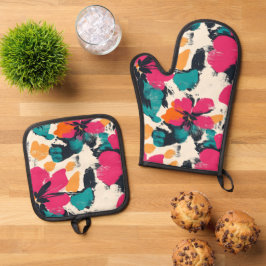 Boheemse tropische bloem ovenwant & pannenlap set