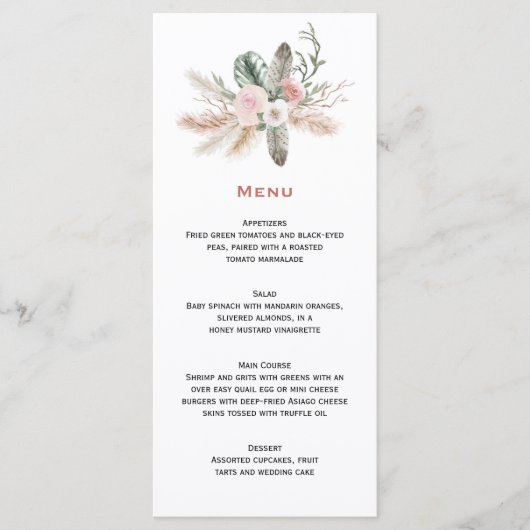 Boheemse Tropische Veren Pampas Grass bruiloft Menu (Voorkant)
