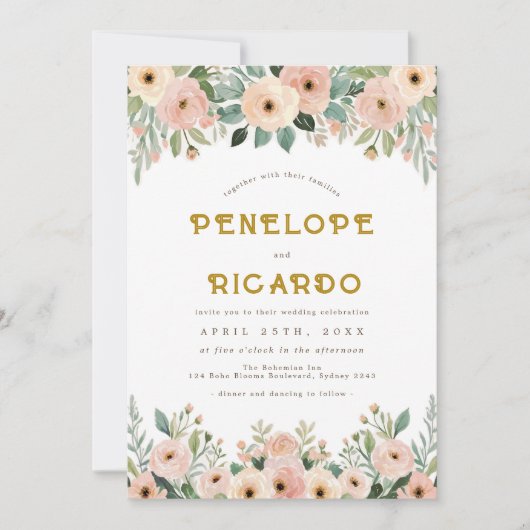 Boheemse Tuin Bloem Perzik bruiloft Kaart (Voorkant)