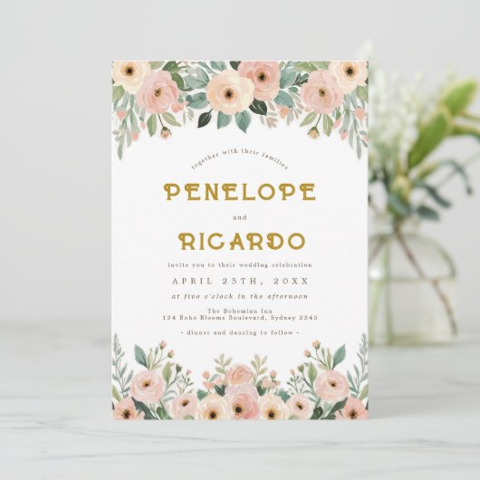 Boheemse Tuin Bloem Perzik bruiloft Kaart (Staand voorkant)