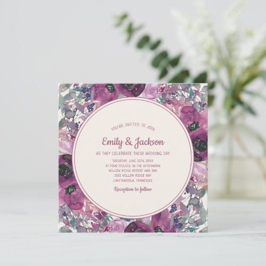 Boheemse Tuin Paarse Waterverf Bloem Bruiloft Kaart (Staand voorkant)