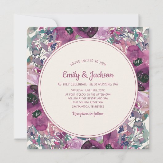 Boheemse Tuin Paarse Waterverf Bloem Bruiloft Kaart (Voorkant)