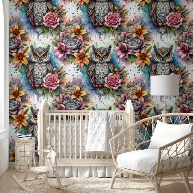 Boheemse Uil & Bloeiende Rozen Behang (Kinderen)
