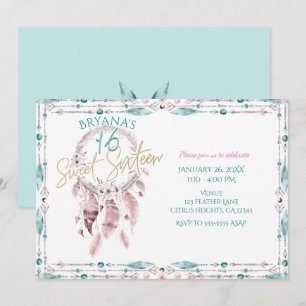 Boheemse Veer Droomvanger Turquoise Roze Sweet 16 Kaart