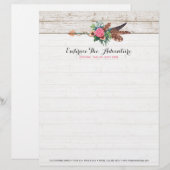 Boheemse Veer Pijl & Roos op Rustiek Wit Hout Briefhoofd Ontwerp (Voorkant / Achterkant)