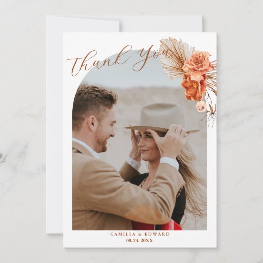 Boheemse verbrande-Oranje bloemenrustieke bruiloft Bedankkaart (Voorkant)
