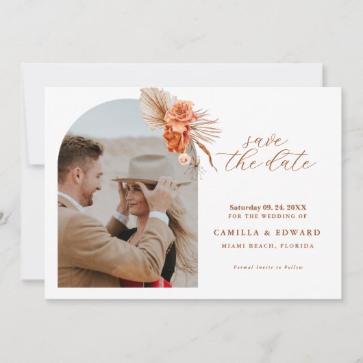 Boheemse verbrande-Oranje bloemenrustieke bruiloft Save The Date (Voorkant)
