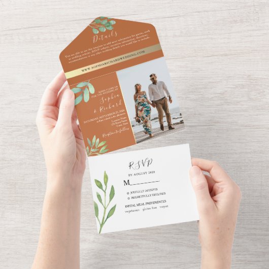 Boheemse verbrande Oranje bruiloft All In One Uitnodiging (Afscheurbaar)