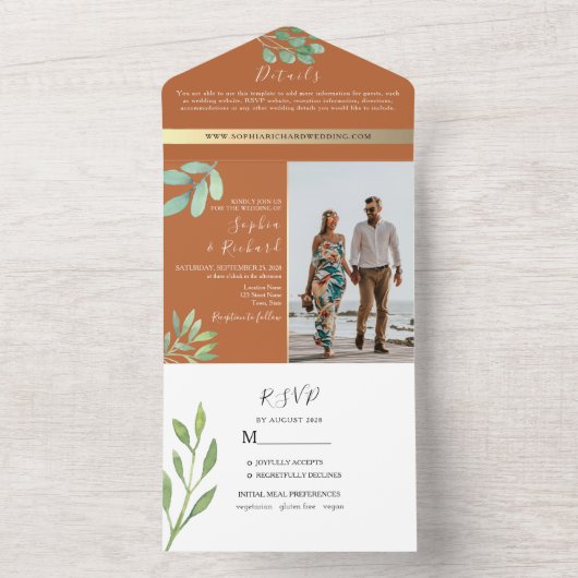 Boheemse verbrande Oranje bruiloft All In One Uitnodiging (Binnen)