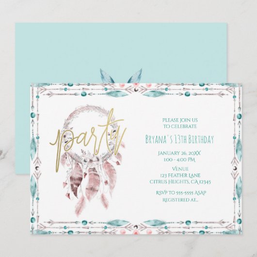 Boheemse veren dromenvanger Teal verjaardagsfeestj Kaart (Voorkant / Achterkant)