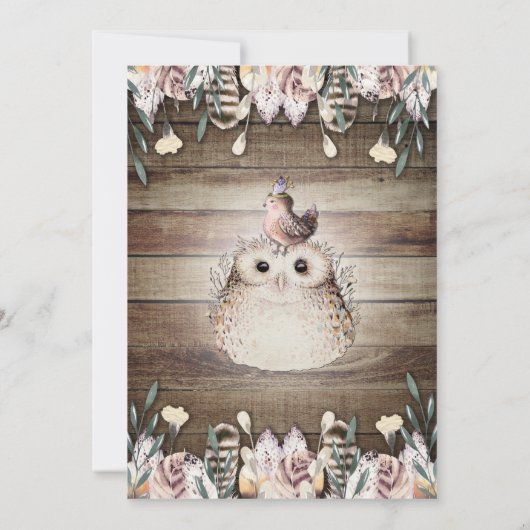 Boheemse Veren Vrienden Uil & Vogel Baby 1e Een Kaart (Achterkant)