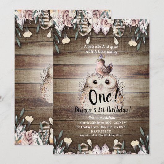 Boheemse Veren Vrienden Uil & Vogel Baby 1e Een Kaart (Voorkant / Achterkant)