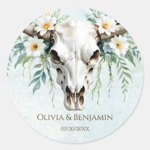 Boheemse Waterverf Bloemen Koe Schedel Huwelijk Ronde Sticker