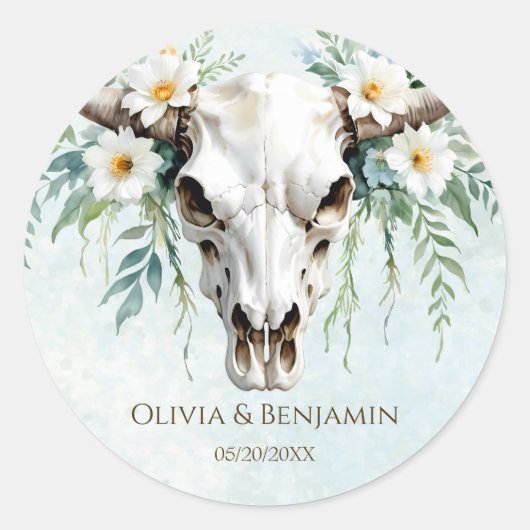 Boheemse Waterverf Bloemen Koe Schedel Huwelijk Ronde Sticker (Voorkant)