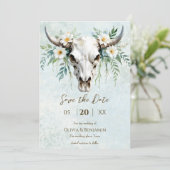 Boheemse Waterverf Bloemen Koe Schedel Huwelijk Save The Date (Staand voorkant)