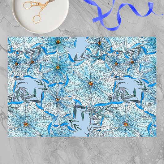 Boheemse Waterverf en Ink Blue Flowers Bladeren Tissuepapier