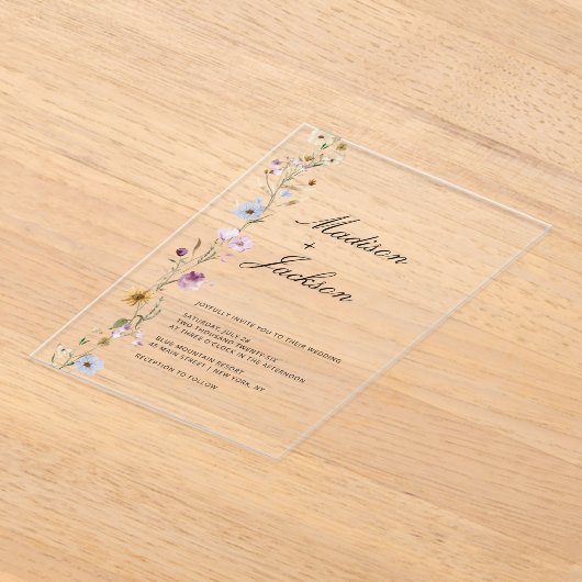 Boheemse wilde bloemen elegante kalligrafie bruilo acryl uitnodigingen (Laagn)