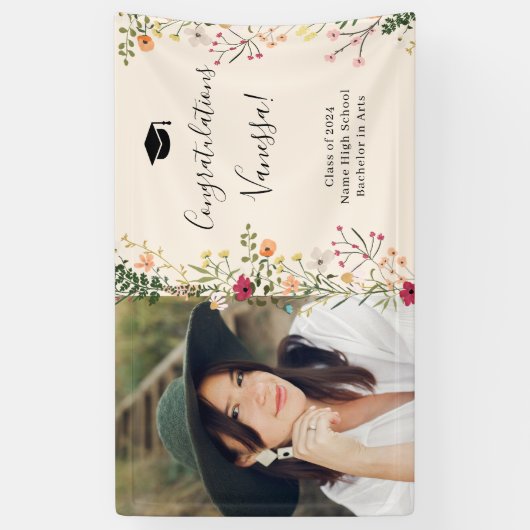 Boheemse wilde bloemen gefeliciteerd afstuderen spandoek (Verticaal)