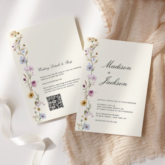 Boheemse wilde bloemen kalligrafie bruiloft QR-cod Kaart