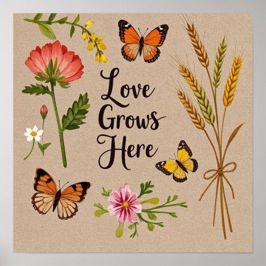 Boheemse wilde bloemen, vlinders, tarwehalmen poster (Voorkant)