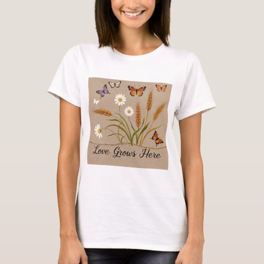 Boheemse wilde bloemen, vlinders, tarwestengels t-shirt (Voorkant)