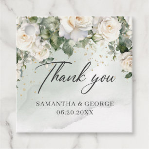 Boheemse witte rozen en eucalyptus groen bedankjes labels