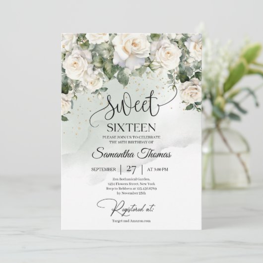 Boheemse witte rozen en eucalyptus groen goud kaart (Staand voorkant)