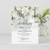 Boheemse witte rozen eucalyptus bruiloft brunch kaart (Staand voorkant)