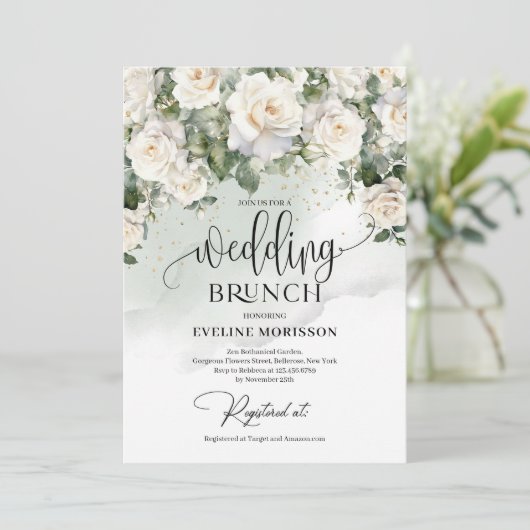 Boheemse witte rozen eucalyptus bruiloft brunch kaart (Staand voorkant)