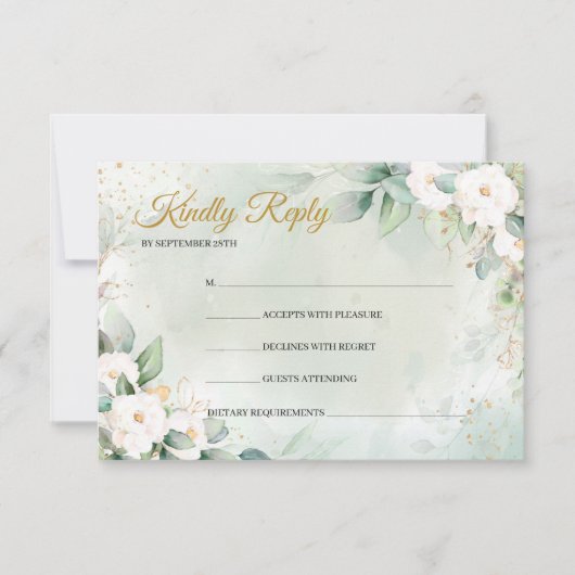Boheemse witte rozen groen eucalyptus goud RSVP kaartje (Voorkant)