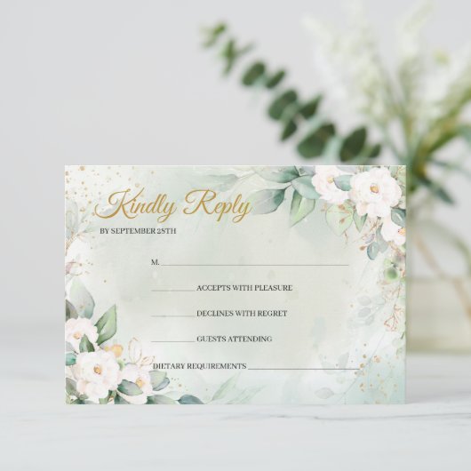 Boheemse witte rozen groen eucalyptus goud RSVP kaartje (Staand voorkant)