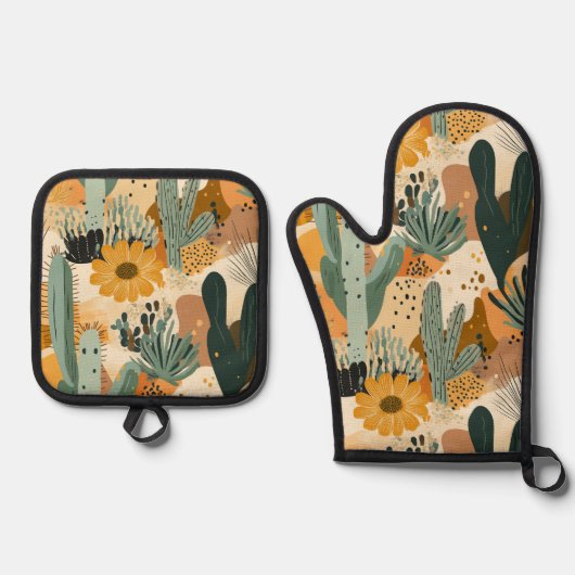 Boheemse woestijncactus en bloemenpatroon ovenwant & pannenlap set (Voorkant)