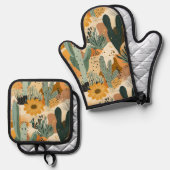 Boheemse woestijncactus en bloemenpatroon ovenwant & pannenlap set (Voorkant / Achterkant)