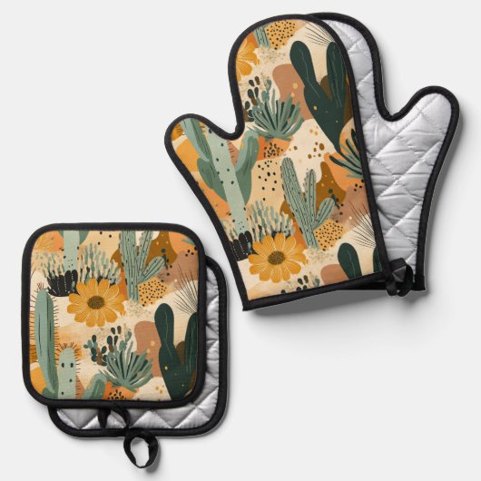 Boheemse woestijncactus en bloemenpatroon ovenwant & pannenlap set (Voorkant / Achterkant)