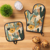 Boheemse woestijncactus en bloemenpatroon ovenwant & pannenlap set (Top down)
