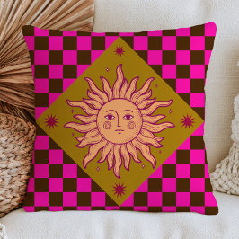 Boheemse Zon Gezicht op Fuchsia Geruite Patroon Kussen